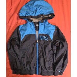 Nike Boys Size 7 Windbreaker Hooded Rain Jacket Full Zip Blue Black Mesh Lined